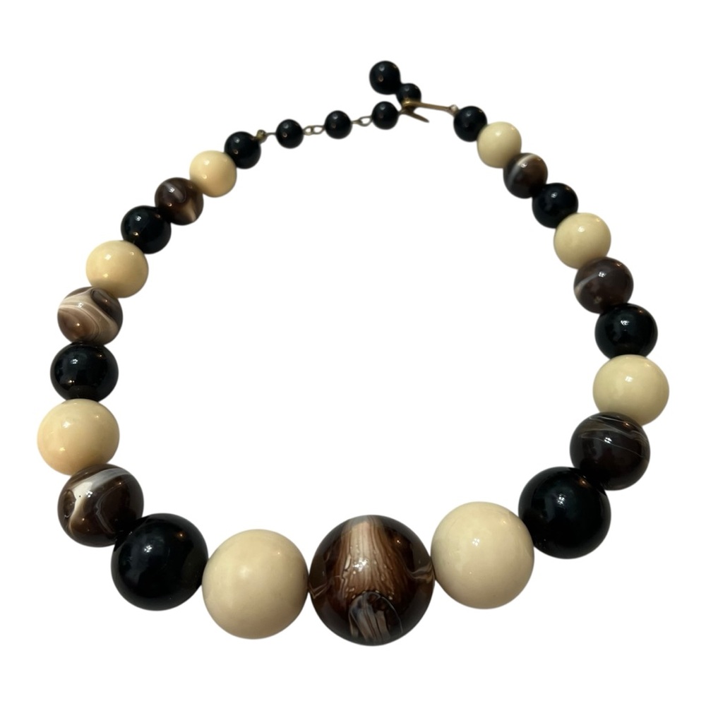 Vintage Graduated Beads Black and Cream Beaded Choker Necklace 16”